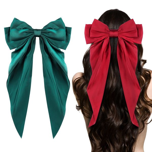 Ambesi Big Bow Hair Clips 2pcs, Long Tail French hair Bows for Women Girl, Satin Silky Bow Hair Barrette, Green Burgundy Red Bow Hair Dress Up Accessories for Birthday/Party/Show/Saint Patrick