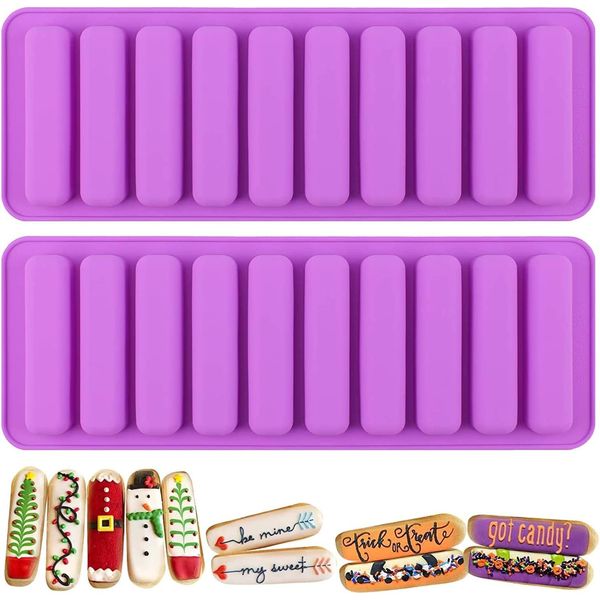 Finger Shape Silicone Mold 2PCS-11 Cavity Long Strips Cookie Mould Rectangular Cereal Chocolate Bar Molds Non Stick Ice Cube Tray Homemade Chocolate Silicone Baking Tools (Purple)