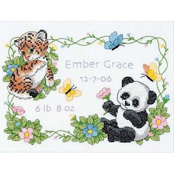 Dimensions Stamped Cross Stitch Kit Baby Animals Birth Record Personalized Baby Gift, 12" x 9", White