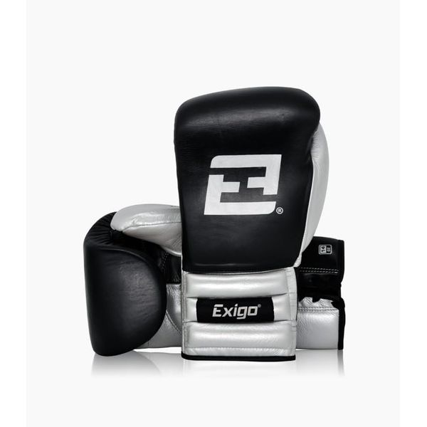 Exigo Elite Leather Sparring Laced Boxing Gloves - Black/Silver (16oz)