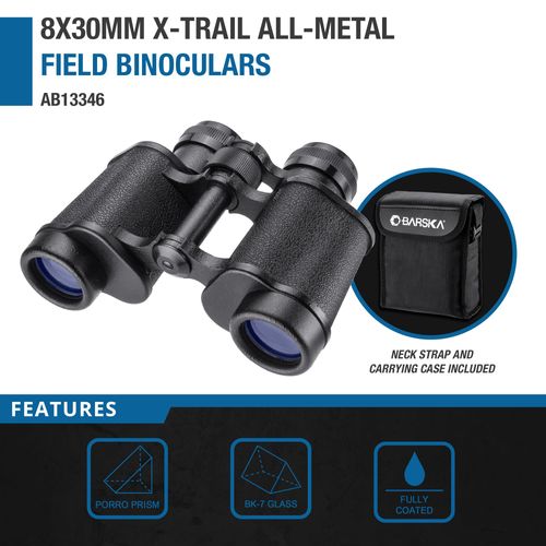 Barska X-Trail 8x30 Binoculars – All-Metal Field Binoculars – Porro Prisms, Fully Coated Optics, 60° Wide View, 8X Magnification, 30mm Lens, Serrated Focus Wheel – Compact & Durable