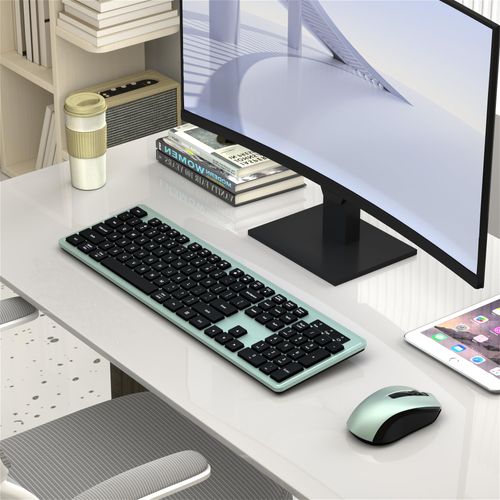 Wireless Keyboard and Mouse Combo, COVEVA 2.4GHz Wireless Keyboard Mouse with USB Receiver, Water-Dropping Keycaps, 104 Keys Full Size with Number Pad for PC Laptop Computer Desktop(Black Green)