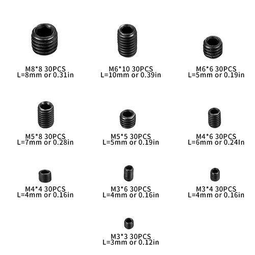 Hex Socket Set Headless Screws, Carbon Steel Screw Screws, Hollow, Inner Hex, Grub Screws, Hex Head Screws (M3, M4, M5, M6, M8), 300 Pieces Included Hex Key Wrench