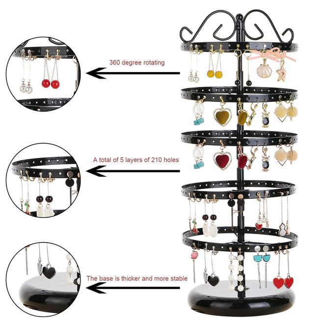 MODOWEY 5 Tiers Metal Rotating Earring Holder Organizer, Exquisite Jewelry  Display Stand Necklace Rack Holder, 220 Holes for Earrings- 14x6.3 Inch