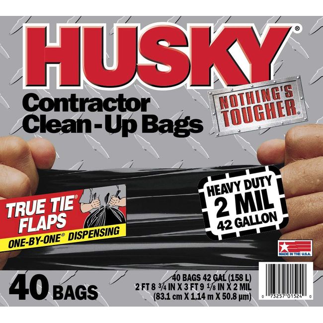 👷 Husky Heavy-Duty Contractor Trash Waste Clean-Up Bags 🧹 with True-Tie Flaps + 1-by-1 Dispensing 🚮 42 Gallon 🗑️ 40 Bags 🏗️ 2 Mil 🖤 Black 🦺 1 Box 🇺🇸
