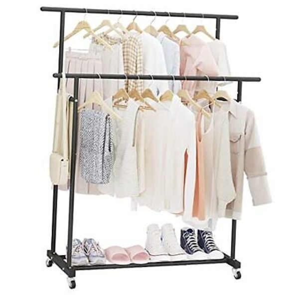 Double Rod Clothing Garment Rack,Rolling Hanging Clothes Rack,Portable Black