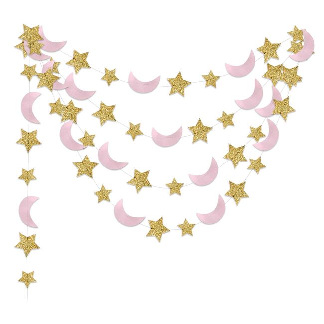 Moon and Star Garland Twinkle Twinkle Little Star of 2pcs Pink Gold Princess Birthday Party Decorations Pink Gold Moon Star Baby Shower Decorations 1st Birthday Garland Love You to the Moon and Back