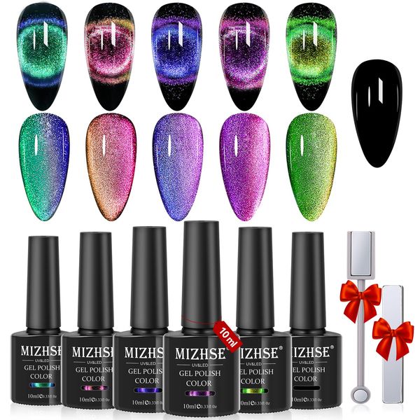 MIZHSE 9D Cat Eye Gel Polish Set Chameleon Magnetic Gel Nail Polish Soak Off Gel UV Manicure Kit 6 Colori 10ml