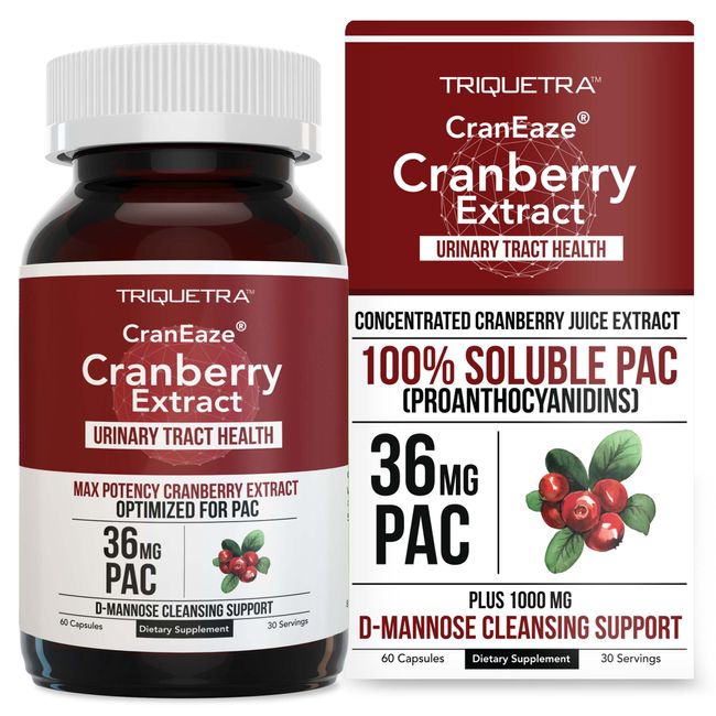 CranEaze®: Cranberry Juice Extract Plus D-Mannose – 36 mg PAC, 100% Soluble PAC - Supports Urinary Tract Health – Most Effective Cranberry Pills for Women, UTI Cranberry Supplement - 60 Capsules