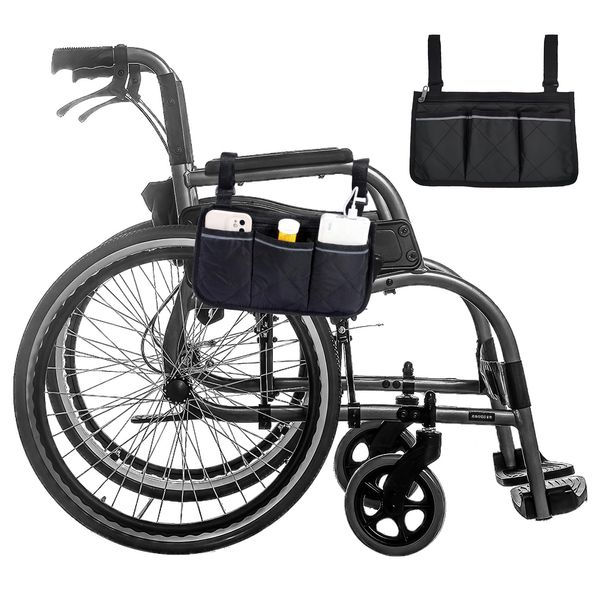 Wheelchair Bag Organizer with Pockets - Waterproof Wheelchair Armrest Side Bag Black Wheelchair Pocket Storage Bag with Reflective Strip for Mobility Scooter, Rollator, Outdoor Fishing Chair