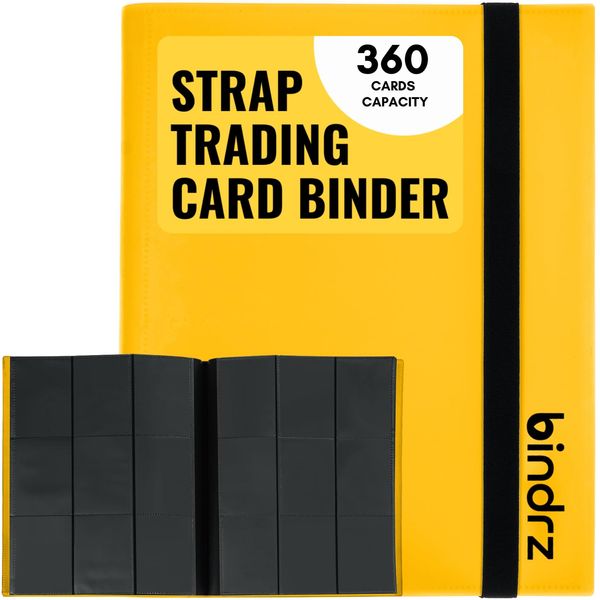 bindrz 9 Pocket Strap Binder Album for 360 Trading Cards - Side Loading Pockets Folder - Archival Safe Material for CCG TCG MTG and Sports Cards (Yellow)