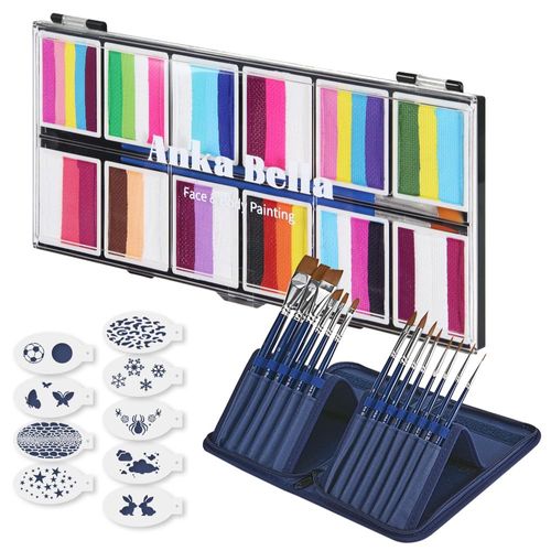 Anka Bella Kids and Adults Can Use Face and Body Painting set -12 color Paint Palette, 14 Brushes and Matching Pen Bag, Professional Easy to Clean Paint For Halloween. (Rainbow Valley set)