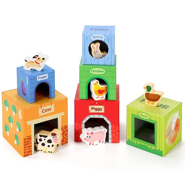 SOKA 12pcs Farm Animals Stacking Cubes Learning Blocks Balancing Building Farm Animal Boxes Educational Developmental Montessori Toy Set Gift for Toddlers Children Boy Girl Ages 12 month old +