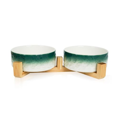 YOBRO Elegant Dog Bowls Set for Small Breeds, Beautiful Ceramic Stone Alike Style, Pet Bowl Set with Wooden Stand, Non-Slip,Modern Food or Water Dishs for Small Size Dogs, Gifts for Dog Owners, Green
