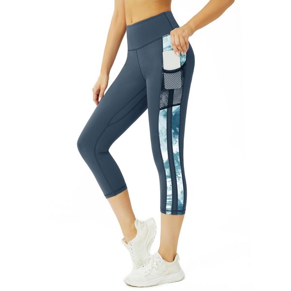 3/4 Sporthose Damen mit Taschen, Sport Leggings Damen Damen Blickdicht Laufhose,Sporthose Yogahosen 3/4 Trainingshose L