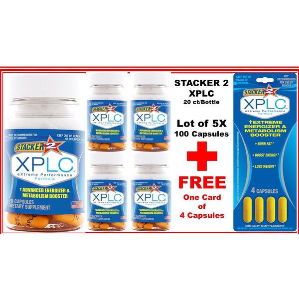 Stacker Two XPLC Herbal Dietary Supple 20 ct (Lot of 5) = 100 + FREE 4 Capsules