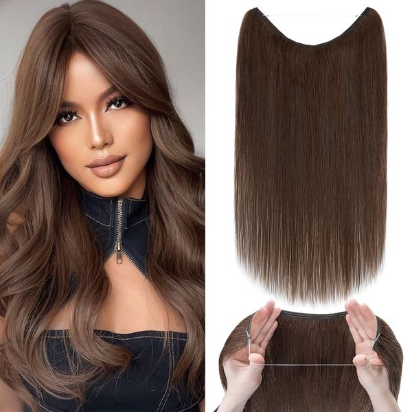 Silk-co 22" Invisible Wire In Hair Extensions Real Remy Human Hair One Piece Natural Hairpiece Extensions #04 Medium Brown