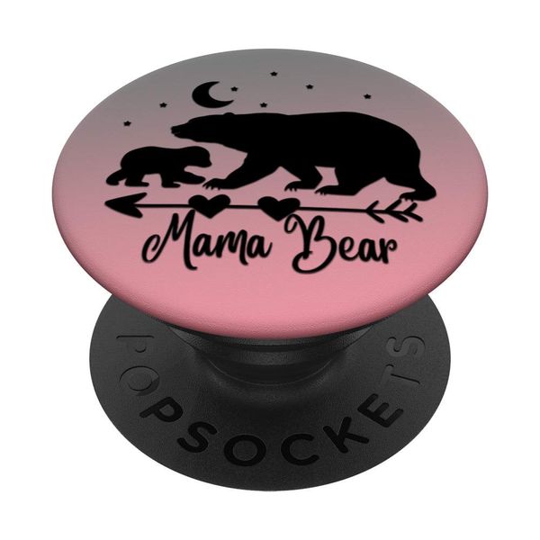 Black Mama Bear and One Cub On Pink Gray PopSockets Swappable PopGrip
