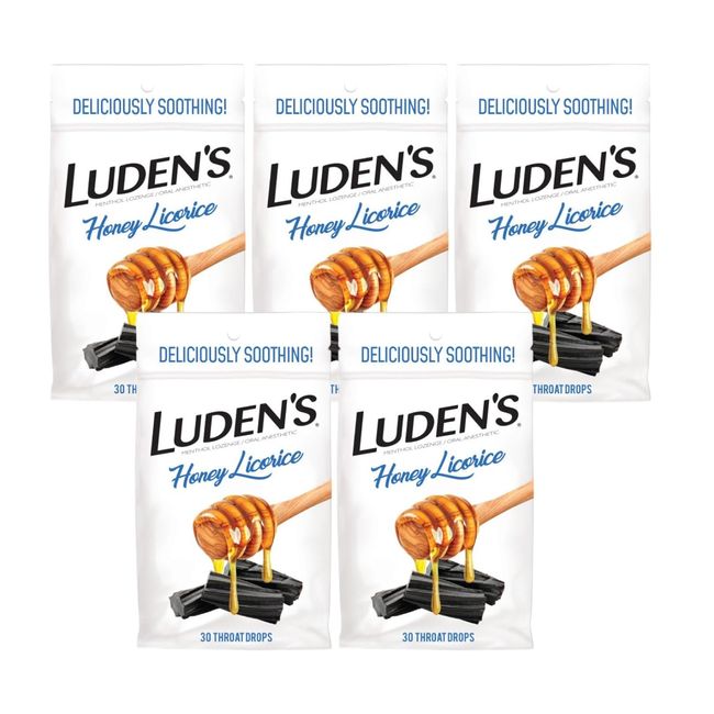 Luden's Honey Licorice Cough Throat Drops | Menthol Lozenge/Oral Anesthetic | 30-Count per pack | 5-Pack