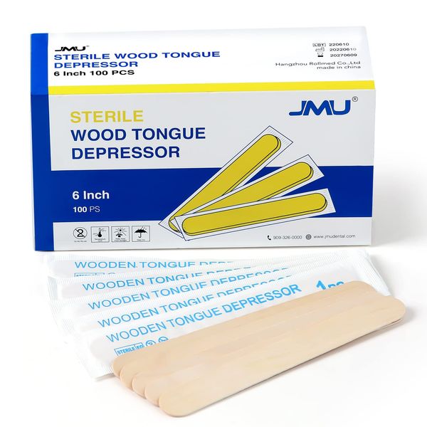 JMU Tongue Depressors Sterile 100 Count, 6" Tongue Depressors Wood Individually Wrapped for Medical Popsicle Crafts