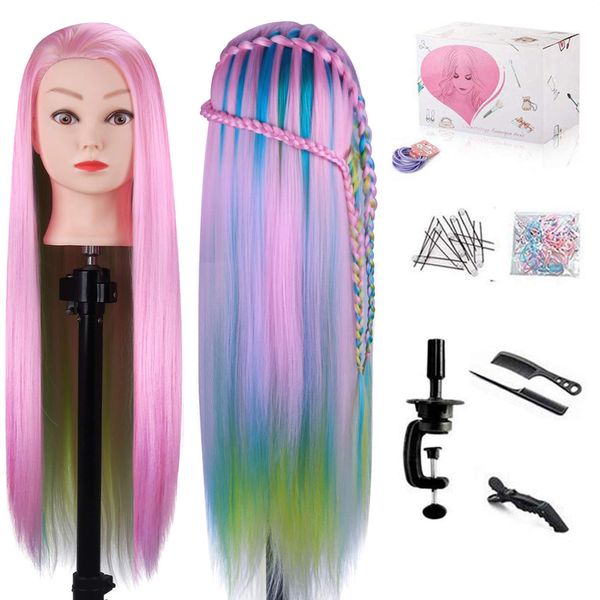 MYSWEETY 29 Inch Colorful Hair Mannequin Head Hairdressing Practice Training Doll Heads Cosmetology Hair Styling Mannequins Heads with Clamp + Practice Tools(PINK)