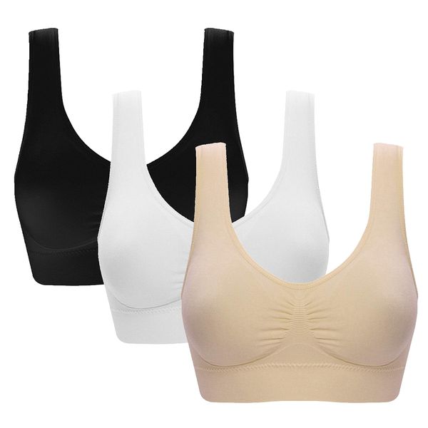 Vermilion Bird Women's 3 Pack Seamless Comfortable Sports Bra with Removable Pads XL/Shirt Size 14 Black &White &Nude