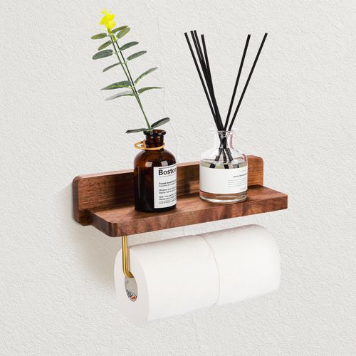 Mayhas Walnut Toilet Paper Holder Wall Mount, 22cm Bar Fits 2 Slim Rolls (Under 11cm Width), with Storage Shelf, Gold Metal Bar, Bathroom Tissue Organizer (Smooth Surface)
