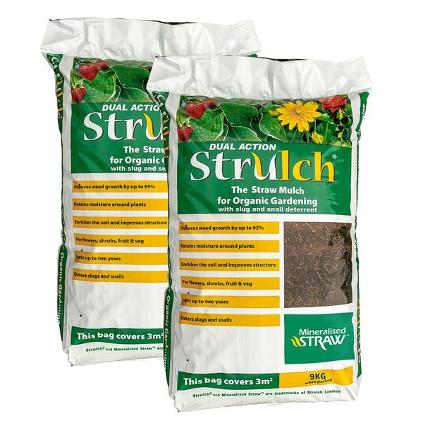 Strulch - 2 x 9kg Bags Mineralised Straw Mulch Garden Mulch Organic Slug Repellent for Gardens - Mulch for Garden in 9kg 100L Bags- Strulch Organic Garden Mulch