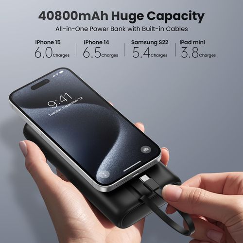 Ekrist Upgraded Portable Charger 40800mAh Power Bank - Portable Battery with 2 Built in Cables,PD 25W USB C Fast Charging Battery Pack Compatible with iPhone 16 15 14 13 Android Phone etc-Black