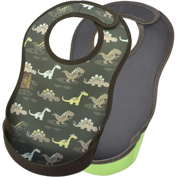 Bibetta Meal Apron, Machine Washable, Sleeveless, Baby Food, Nursery School, Eating Bib, Ultra Bib, Set of 2, Dinosaur/Charcoal Gray