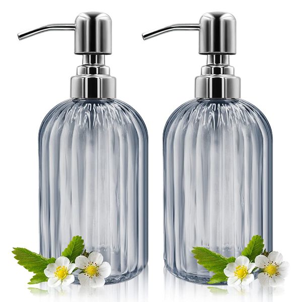 Soap Dispenser - 2 Pack 14 Oz Glass Soap Dispenser with Rust Proof Stainless Steel Pump, Refillable Liquid Bottle Dispenser, Premium Hand Jar Dispenser for Bathroom, Kitchen, Countertop (Grey)