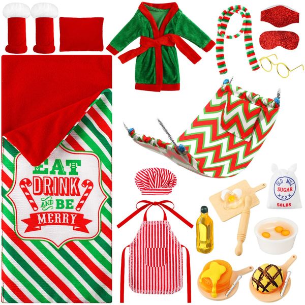 Liliful 18 Pcs Christmas Elf Accessories Mini Elf Doll Baker Outfit Set Sleeping Bag Christmas Accessory Include Rolling Pin Bathrobe Apron Chef Hat Hammock Glasses, Doll Is Not Included (Cute)