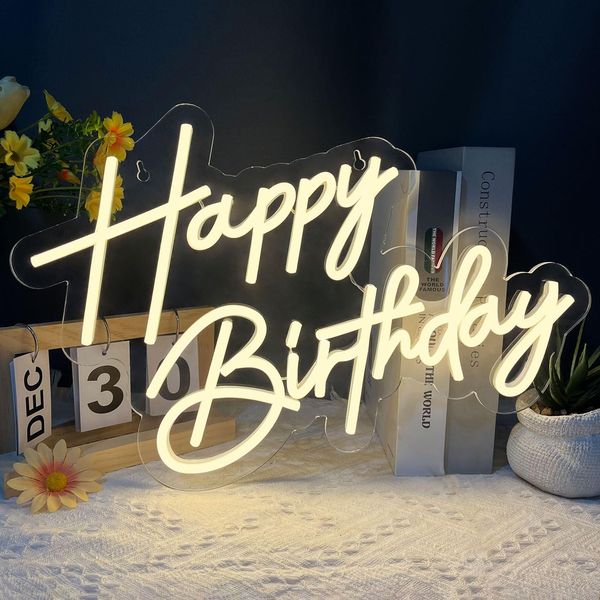 Happy Birthday Neon Sign for Wall Decor, Warm White LED Neon Light Signs, Art Decoration Happy Birthday Neon Light Sign for All Birthday Party Decoration 17×12 Inch