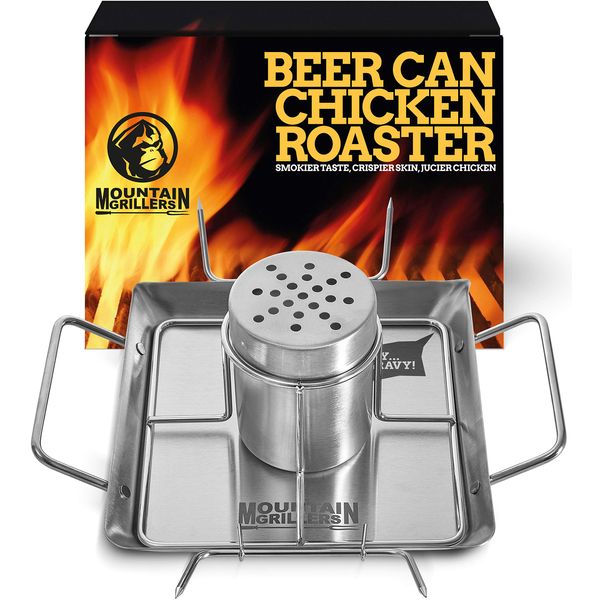 MOUNTAIN GRILLERS Beer Can Chicken Roaster Stand - Stainless Steel Holder - Barbecue Rotisserie Rack for the Grill, Oven or Smoker - Dishwasher Safe - Includes 4 Vegetable Spikes