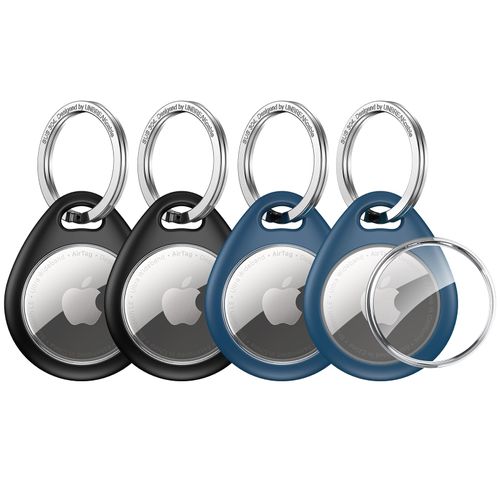 UNBREAKcable Holder for Apple AirTag - 4 Pack [Fit Tightly Design] [Easy to Install] [Hold Air Tag Securely] Waterproof TPU Protective Case with 304 Stainless Steel Keychain Key Ring, Black+Blue