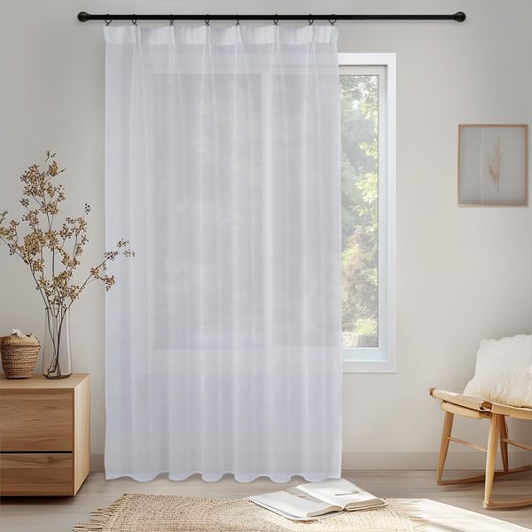 MRTREES Ruffle Tape Curtain 1 Set 145 x 300 cm (H x W) Children's Room Curtains Boys Curtains White Semi-Transparent Curtains Living Room Modern Voile Curtains for Living Room Bedroom Kitchen and