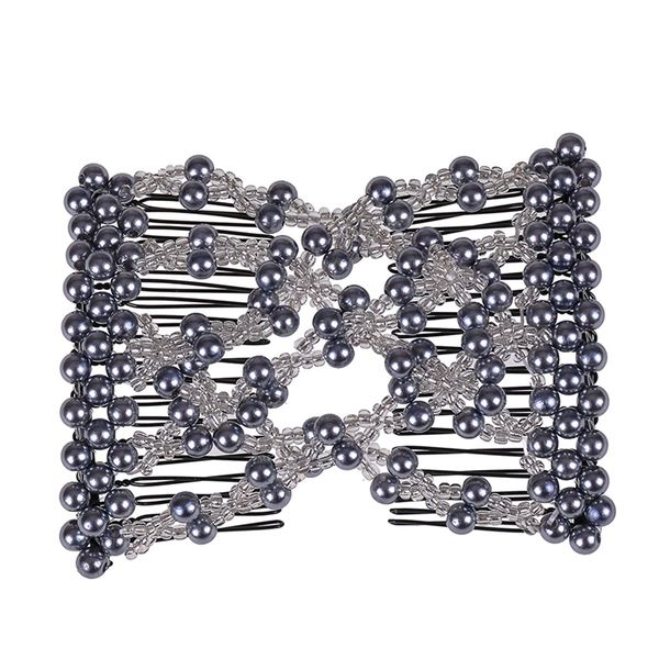 FXQHAN Easy Stretch Beaded Hair Combs Double Magic Slide Metal Comb Clip Hairpins for Women Hair Styling (Grey)