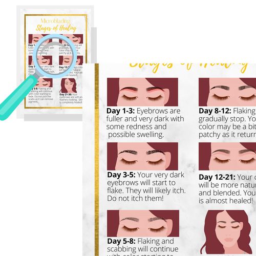 Eyebrow Microblading Stages Healing & Aftercare Instructions Postcards | Package of 30 | Double Sided Size 4 x 6" inches Postcard | Marble and Non-Metallic Gold Design