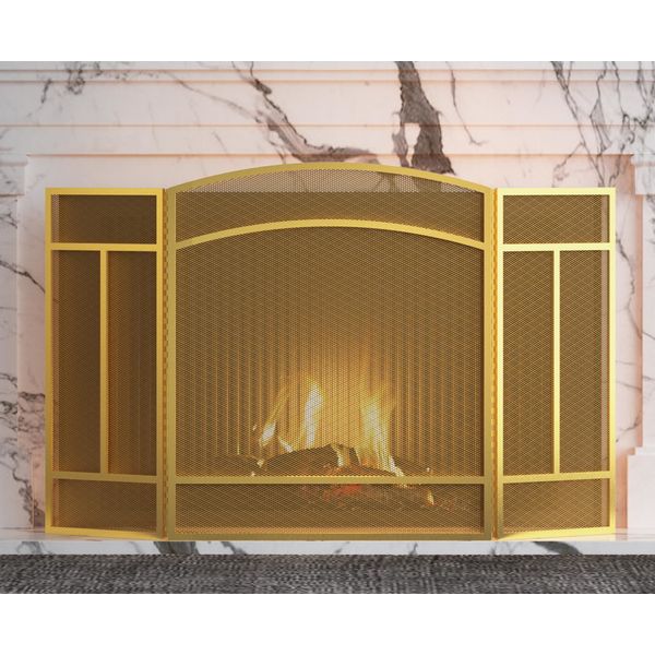 Fireplace Screen 3 Panel Wrought Iron 48"L x 29"H Spark Guard Golden Dusting