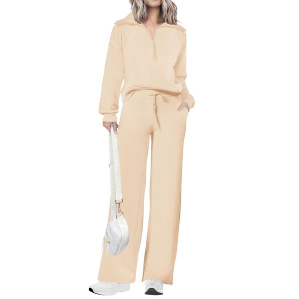 PRETTYGARDEN Women's Fall Two Piece Outfits Half Zip Sweatshirt Tops And Palazzo Pants Sweatsuit Sets (Beige,Medium)