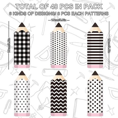 Whaline Back to School Pencils Cutouts 48Pcs Pencil Shape Name Tags 6 Design Black White Pencils Paper Cutting with Glue Point for First Day of School Kindergarten Bulletin Border Decor Kids DIY Craft