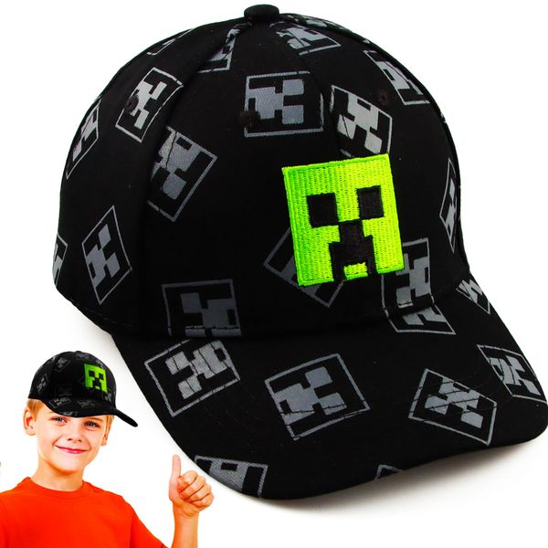 Cartoon Design Baseballmütze,Verstellbare Baseballmütze Sonnenmütze,Miner Outdoor Sports Casual Baseballmütze,Creeper Baseball Cap Kinder，Schwarz Und Pixelig Grün Grid Sonnenhut Basecap Kappe (HEI)