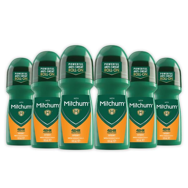 Mitchum Men 48HR Protection Roll-On Deodorant and Antiperspirant (100ml) Sport, Dermatologist Tested (Pack of 6)