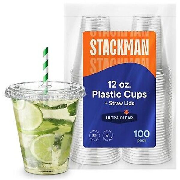 12 oz Clear Plastic Cups with Straw-Slot Lids [100 Sets] PET Crystal Clear Di...