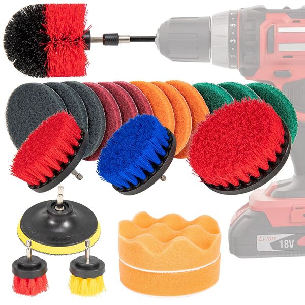 Holdfiturn 22 Piece Drill Brush Attachment Set Drill Brushes for Cleaning Scouring Pads Power Scrubber Brush Scrub Pads Cleaning Kit Drill Cleaning Brush Set for Bathroom Surfaces Grout Floor