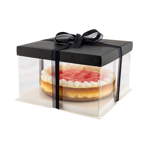 Sweet Vision 10 Inch x 8.25 Inch Transparent Cake Boxes, 10 Grease Resistant Base Clear Cake Boxes - Black Lid, Black Ribbon, Plastic Birthday Cake Boxes, For Weddings Or Birthdays - Restaurantware