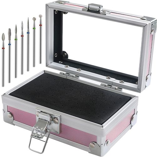 OLizee® 50 Holes Nail Drill Bits Holder with 7 Drill Bits Metal Nail Drill Tool Box Pink Nail Drill Bits Case Nail Drill Bits Organizer for Women Girls