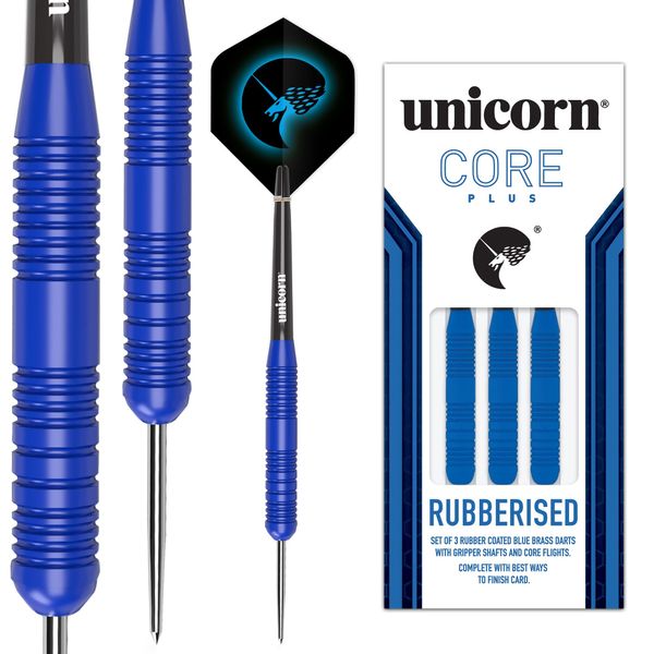 Unicorn Steel Tip Darts Set | Core Plus | Smooth Comfortable Rubberised Brass Barrels | Blue | 21 g