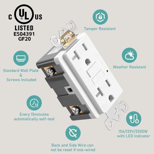 2Pack-GFCI Outlet 20 Amp, Self-Test GFI Electrical Outlet with Thinner Design,WR Weather Resistant GFCI Receptacle, Ground Fault Circuit Interrupters with Decorator Screwless, UL Listed Matte White