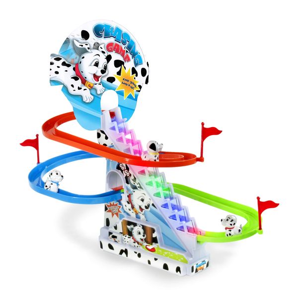 Dalmatian Slide Toy Set: Sliding Dogs Track Set Stair Climbing Dalmatians Puppy Playset with Music On/Off Switch for Quiet Play Option